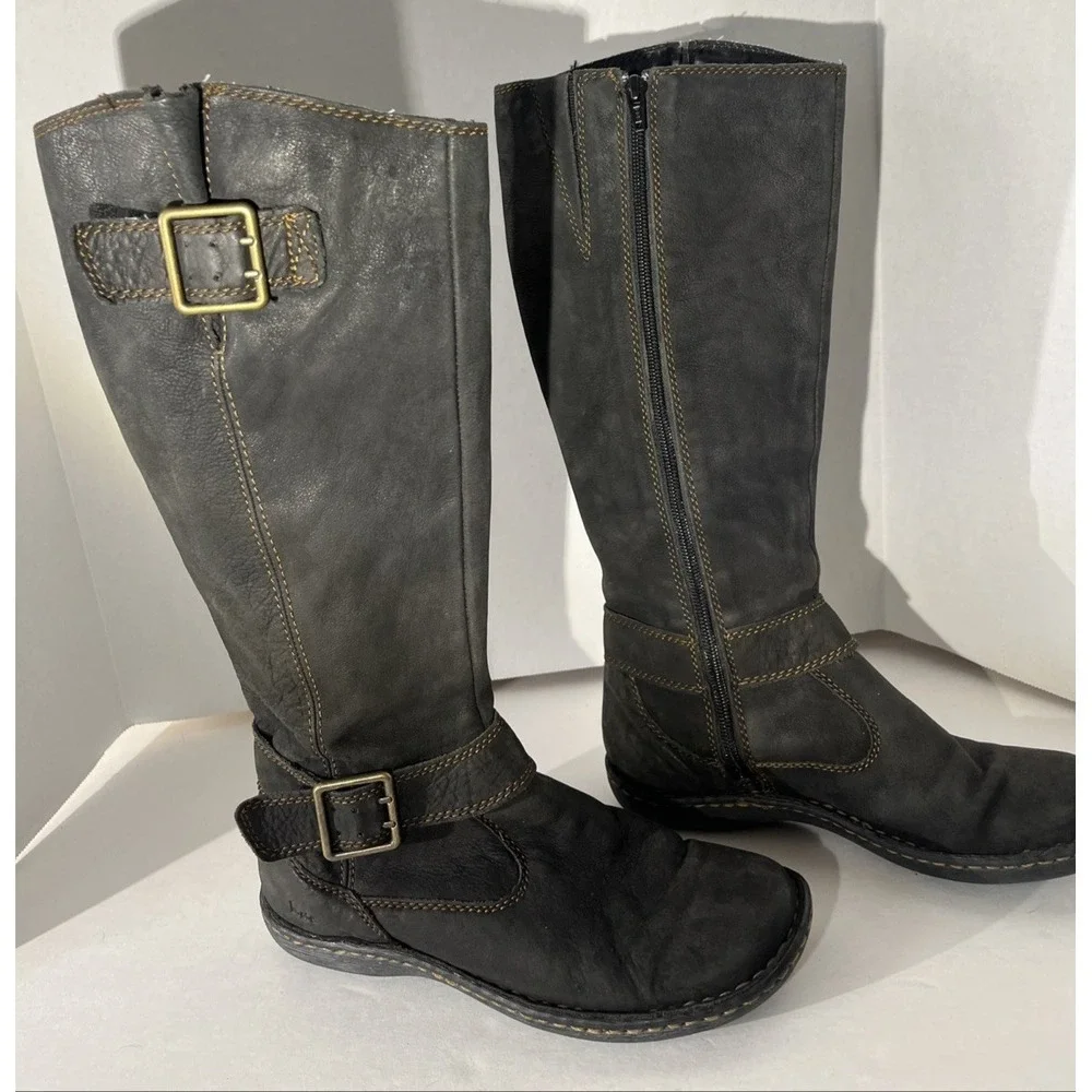B O C by Born Black Pebbled Leather Moto Buckle Knee High Tall Zipper Boots 7